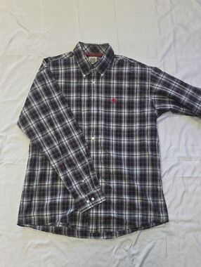 Men's Plaid Button-Down Shirt - Black & Gray with Red Accent